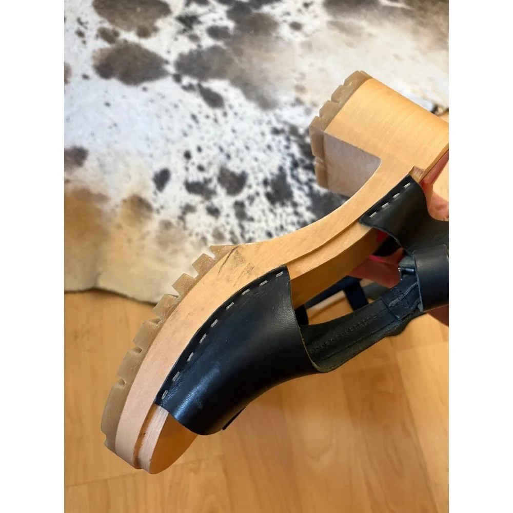 Swedish Hasbeens Stitched Tracta Black Leather Platform Sandals Size 40